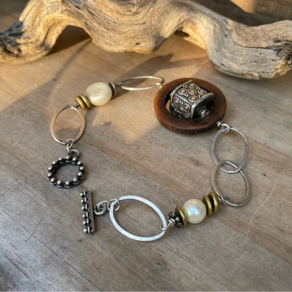 Vintage Artisan Charms & Beads Retro Sterling Silver Link Toggle Bracelet - Picture 5 of 10